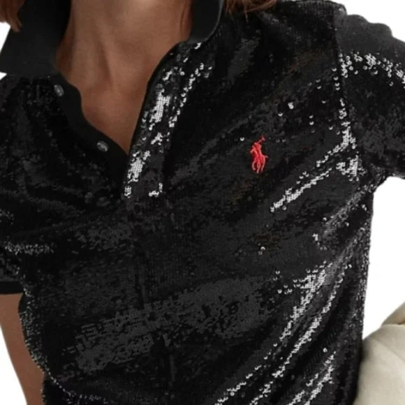 Ralph Lauren Black Sequin Short Sleeve Polo Women's - Picture 4 of 13